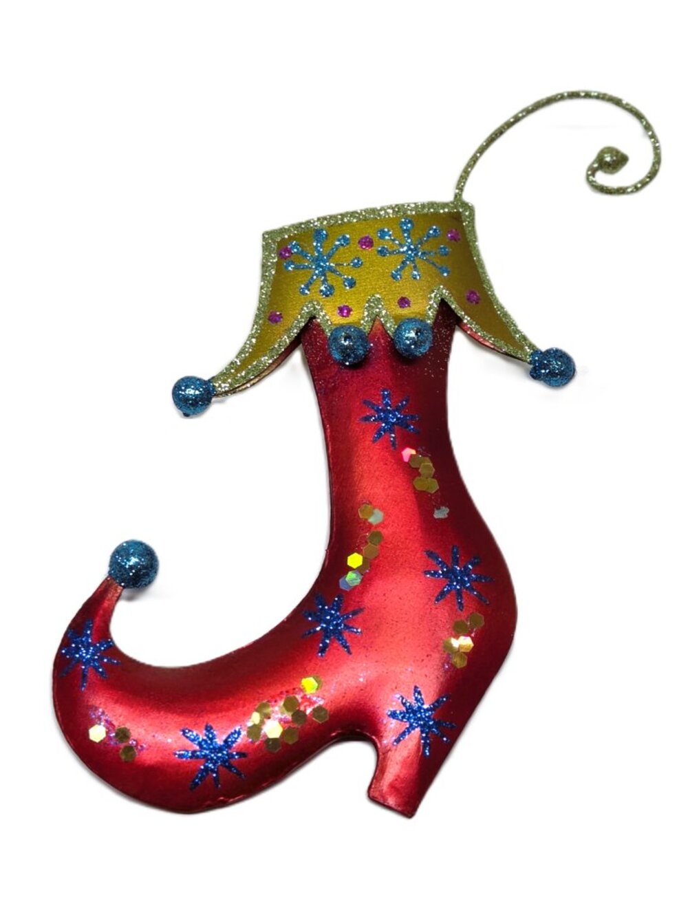 Tin Metal Christmas Ornament Red Elf Shoe Boot Glitter Green Blue Starbursts 5"